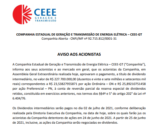 CEEE anuncia pagamento de dividendos aos acionistas 