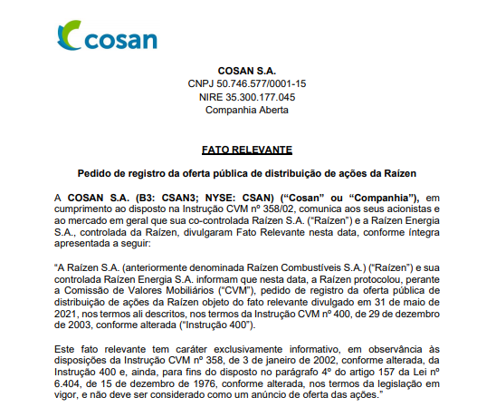 Cosan anuncia pedido de registro da oferta pública de distribuição de ações da Raízen