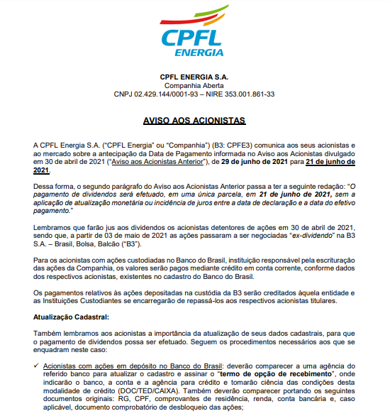 CPFL antecipa pagamento de dividendos para 21 de junho