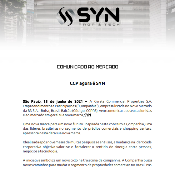 A Cyrela Commercial Properties passa a se chamar SYN