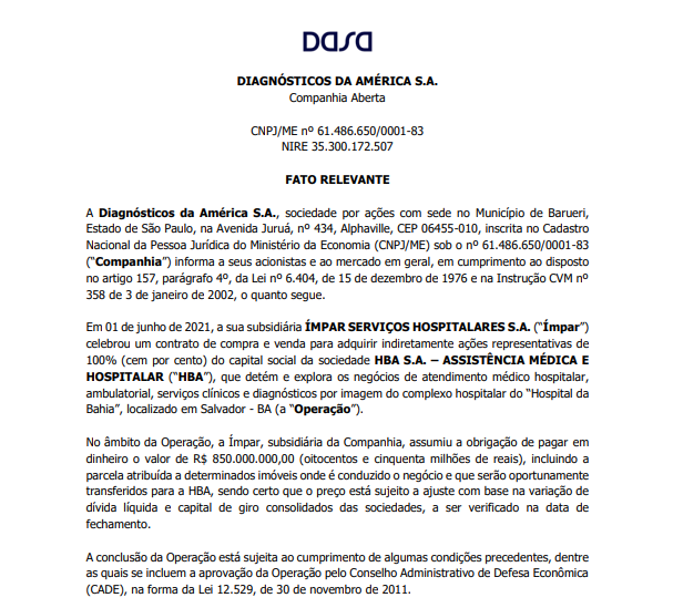 Dasa anuncia aquisição de 100% do Hospital da Bahia