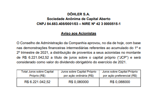 Döhler anuncia pagamento de juros sobre capital próprio (JCP)