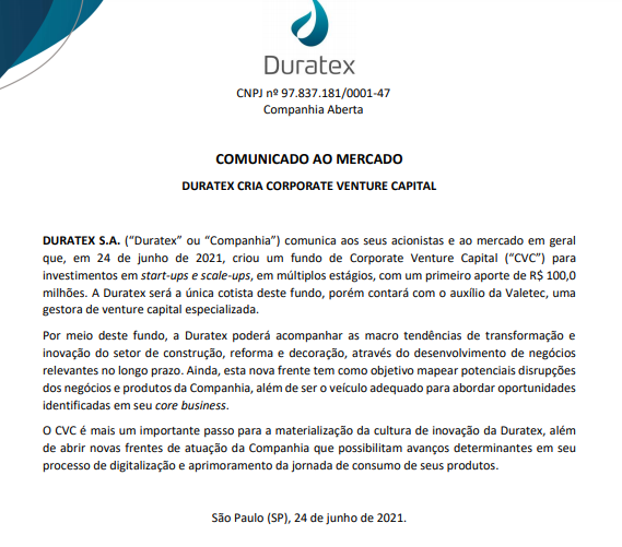 Duratex anuncia criação de Corporate Venture Capital