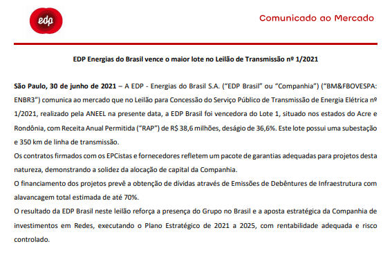 EDP obtém vitória no maior lote do leilão de transmissão do Acre e Rondônia