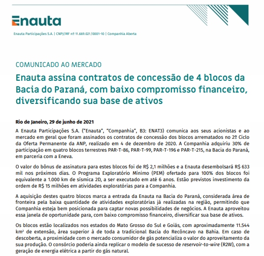 Enauta assina contratos de concessão de 4 blocos da Bacia do Paraná