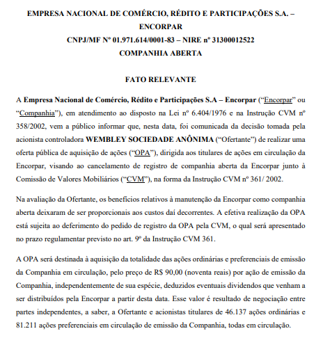 Encorpar anuncia que fará oferta pública de aquisições para fechar capital