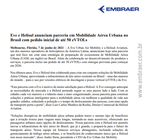 Eve e Helisul anunciam parceria em Mobilidade Aérea Urbana no Brasil