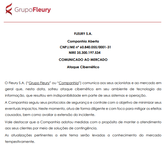 Grupo Fleury sofre ataque cibernético e sistema fica parcialmente indisponível