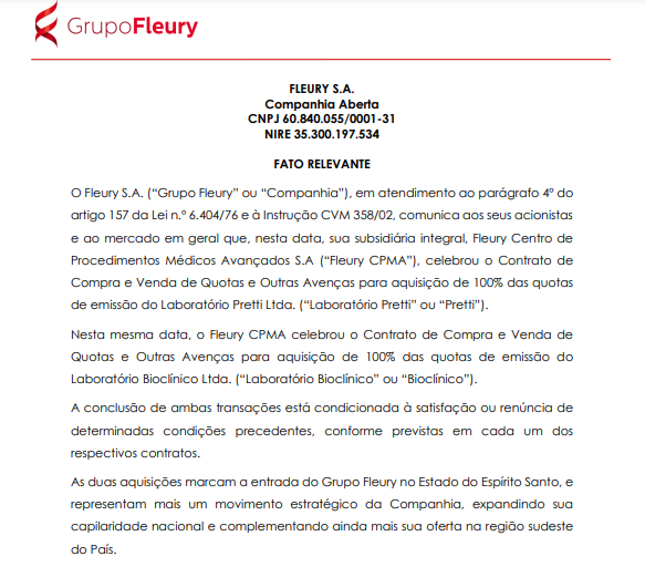 Fleury anuncia aquisição do Laboratório Pretti, e do Laboratório Bioclínico, ambos no ES