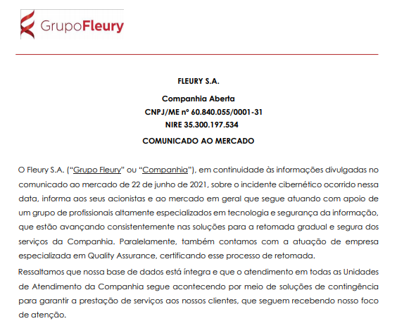Grupo Fleury anuncia retomada gradual das operações após ataque hacker