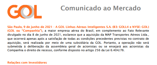 Gol informa que aquisição da MAP Transportes Aéreos ainda não foi concluída 