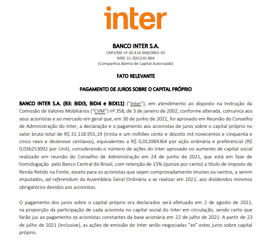Inter anuncia pagamento de R$31 mi em juros sobre capital próprio (JCP)