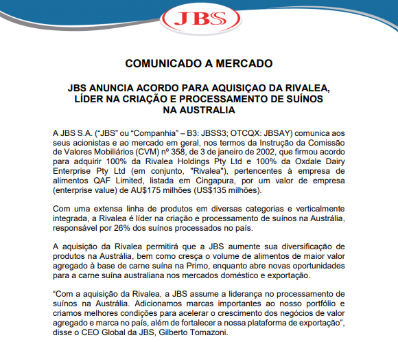 JBS anuncia acordo para aquisição de criadora e processadora de suínos australiana