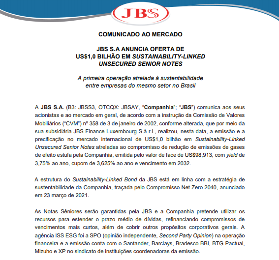 JBS anuncia emissão de US$1,0 bi em títulos de sustentabilidade