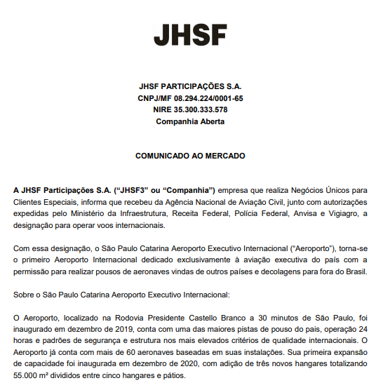 JHSF recebe autorização para seu aeroporto operar voos internacionais