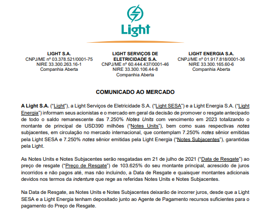 Light anuncia resgate antecipado de saldo remanescente de 7.250% de Notes Units