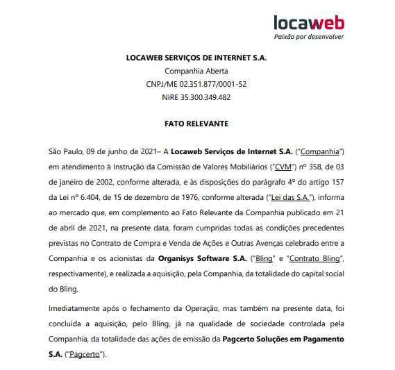 Locaweb anuncia conclusão de aquisição da plataforma Bling