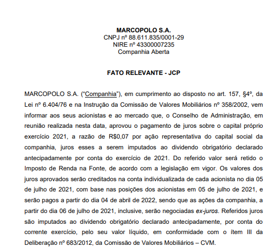 Marcopolo anuncia pagamento de juros sobre capital próprio (JCP)