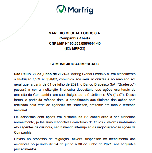 Marfrig anuncia Bradesco como instituição depositária de suas ações 