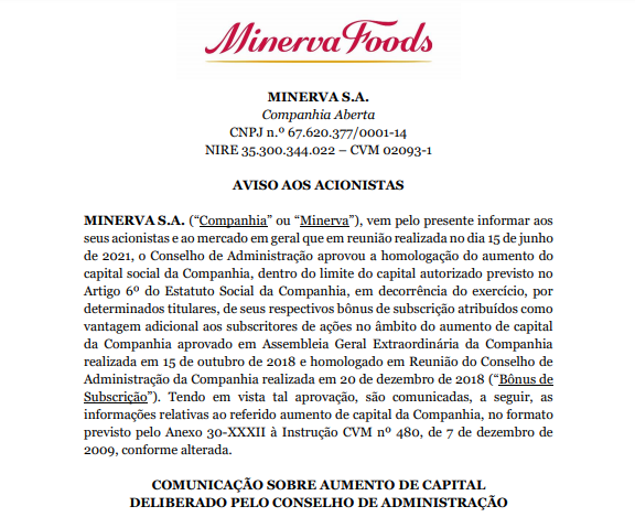 Minerva informa homologação do aumento do capital social