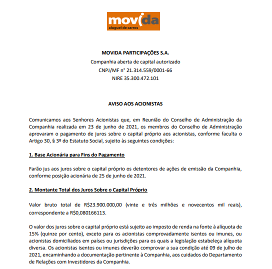 Movida anuncia pagamento de juros sobre capital próprio (JCP)