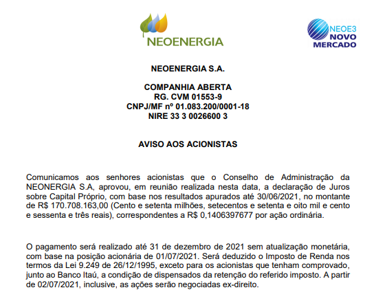 Neoenergia anuncia pagamento de R$171 mi em juros sobre capital próprio