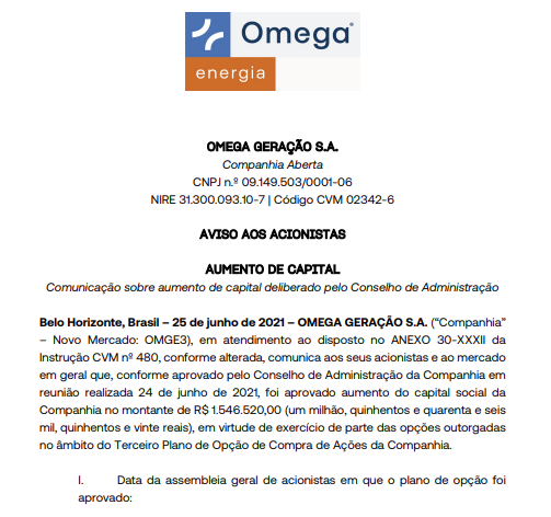 Omega Energia anuncia aumento de capital