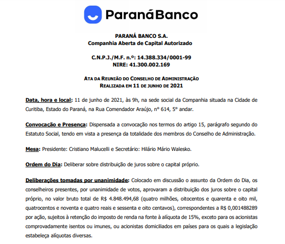 Paraná Banco anuncia R$4,8 mi em dividendos aos acionistas