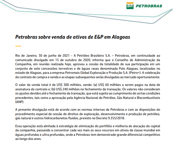 Petrobras cede totalidade de sua participação em conjunto de concessões em Alagoas 