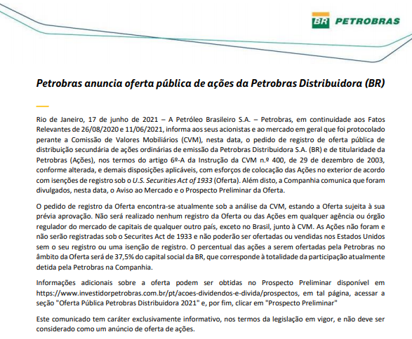 Petrobras anuncia emissão de ações próprias e da BR Distribuidora