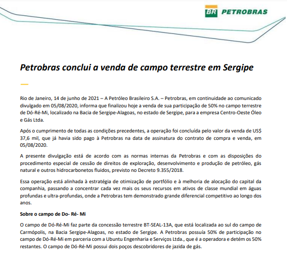 Petrobras conclui a venda de campo terrestre em Sergipe