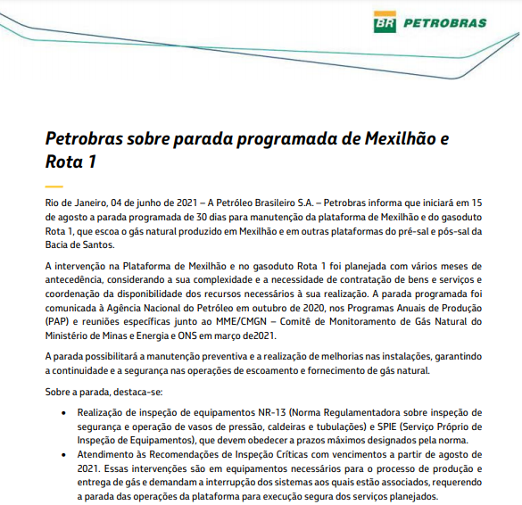 Petrobras anuncia parada programada na plataforma de Mexilhão e Rota 1