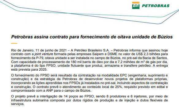 Petrobras assina contrato para fornecimento de oitava unidade de Búzios