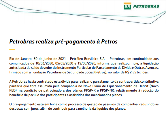 Petrobras realiza pré-pagamento de R$2,25 bi à Petros