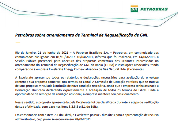 Petrobras atualiza mercado sobre arrendamento de Terminal de Regaseificação de GNL
