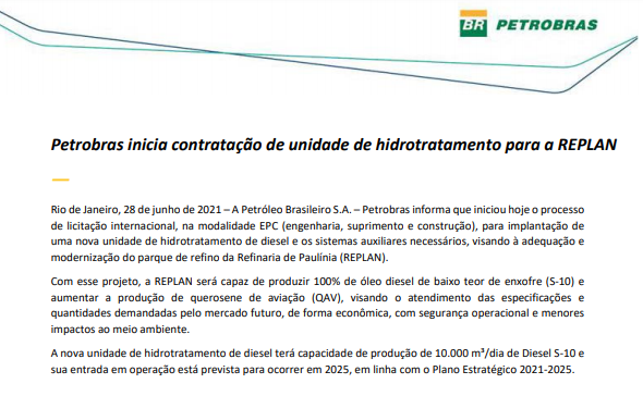 Petrobras inicia contratação de unidade de hidrotratamento para a REPLAN