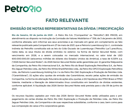 PetroRio anuncia emissão de notas representativas de dívida da companhia 