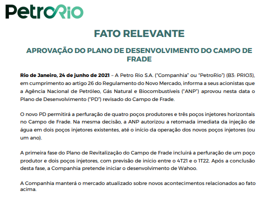 PetroRio anuncia plano de desenvolvimento do campo de Frade