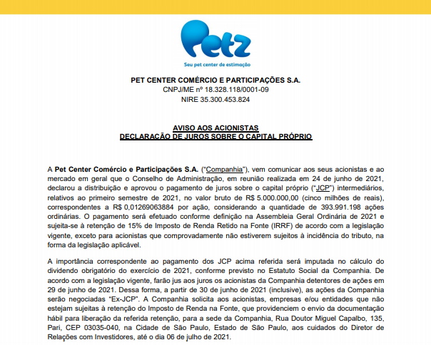 Petz anuncia pagamento de juros sobre capital próprio (JCP)