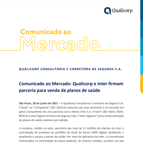 Qualicorp e Inter anunciam parceria para venda de planos de saúde