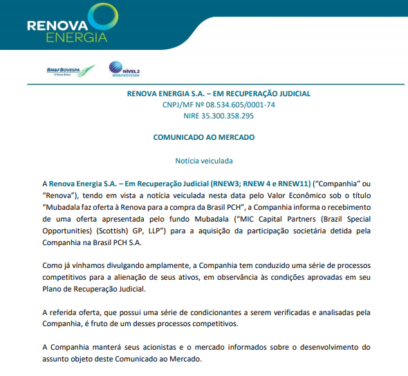 Renova Energia confirma ter recebido oferta do Mubadala pela Brasil PCH