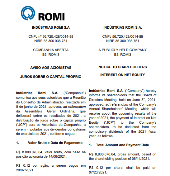 Indústrias Romi anuncia pagamento de juros sobre capital próprio (JCP)