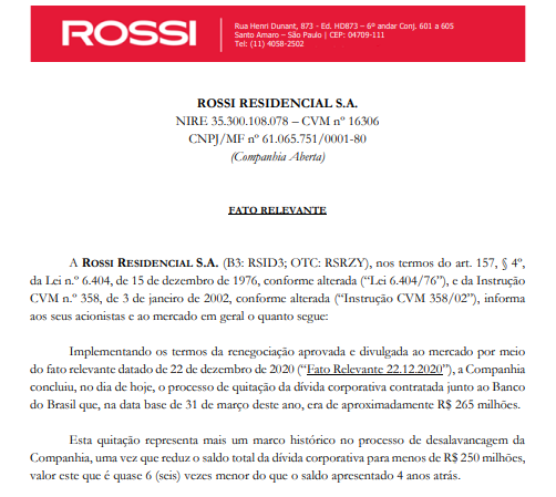 Rossi Residencial quita dívida de R$265 mi junto ao banco do Brasil