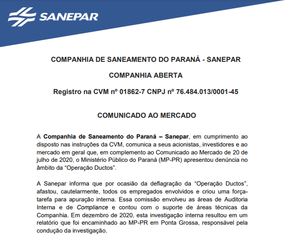 Sanepar afasta empregados citados na Operação Ductos