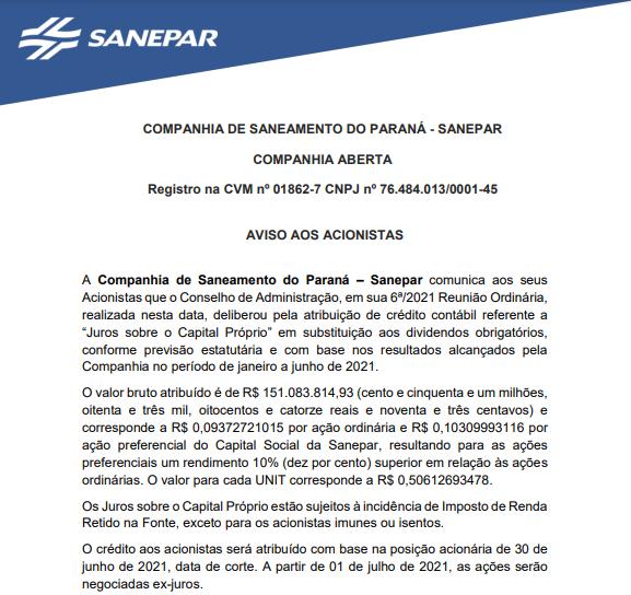 Sanepar anuncia pagamento de juros sobre capital próprio (JCP)