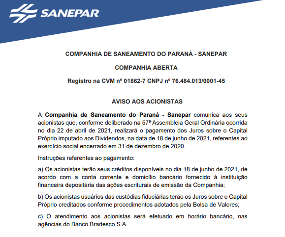 Sanepar confirma pagamento de proventos em 18 de junho