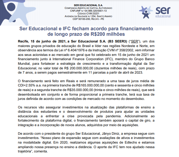 Ser Educacional e IFC fecham acordo para financiamento de longo prazo de R$200 mi