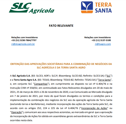 SLC Agrícola anuncia obtenção das aprovações societárias para a combinação com Terra Santa 