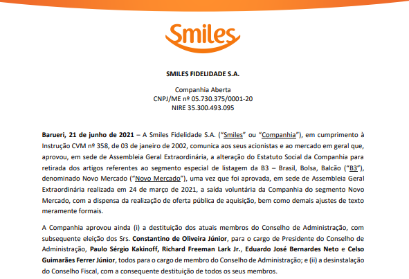 Smiles anuncia aprovação para alteração do estatuto social