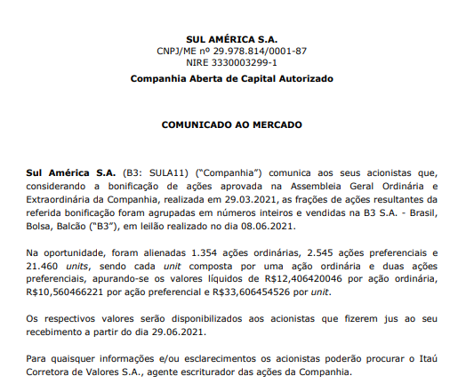 SulAmérica anuncia bonificação de ações e frações agrupadas e vendidas